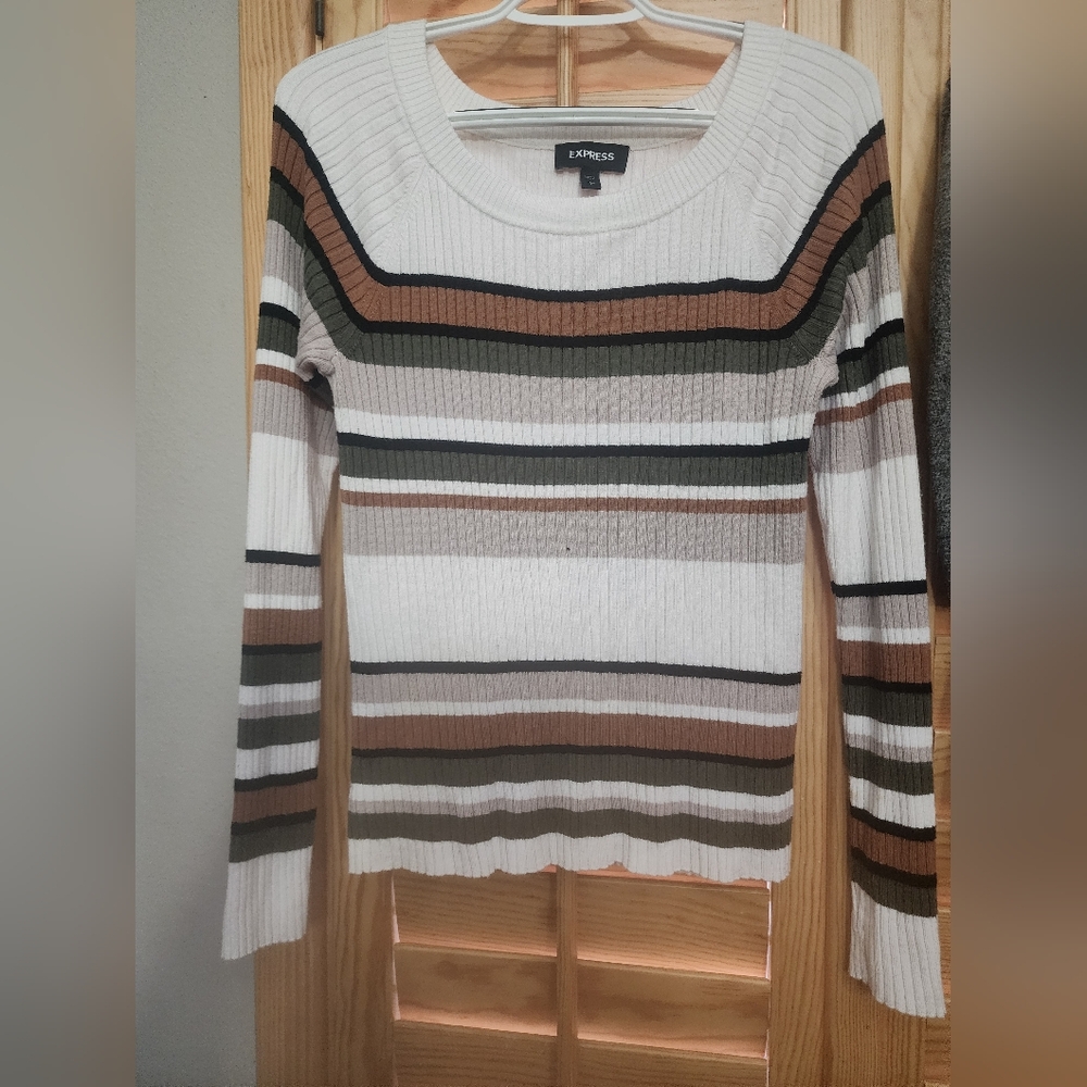 Express Women's Multi-Striped Sweater - Cream, Brown, Green
